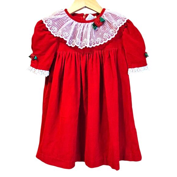 Vintage Toddler Christmas Dress Red Lace Collar Roses Size 4T Holiday Party - Picture 1 of 7